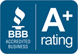 Blue graphic of Better Business Bureau Accredited Business A+ Rating