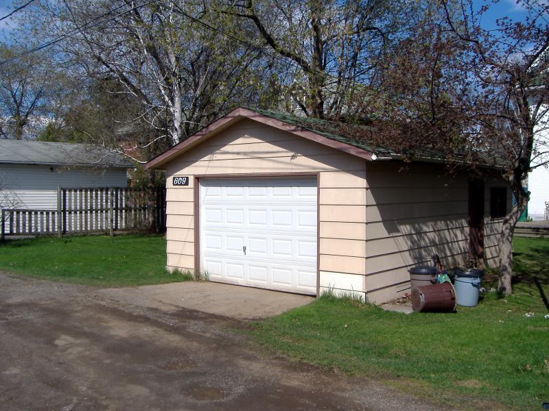 Detached garage with fallen tree limbs on the roof