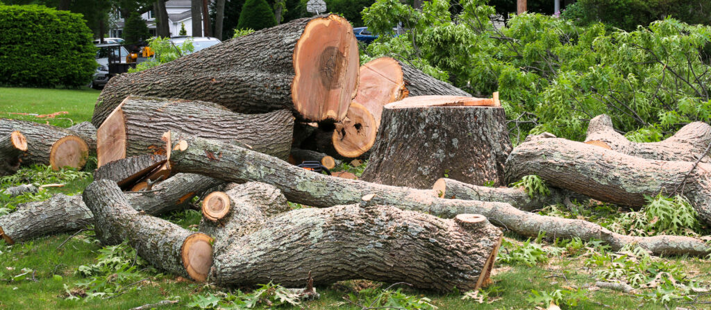 Tree stump and large portions of stump in a pile on a lawn after a tree removal company cut it down